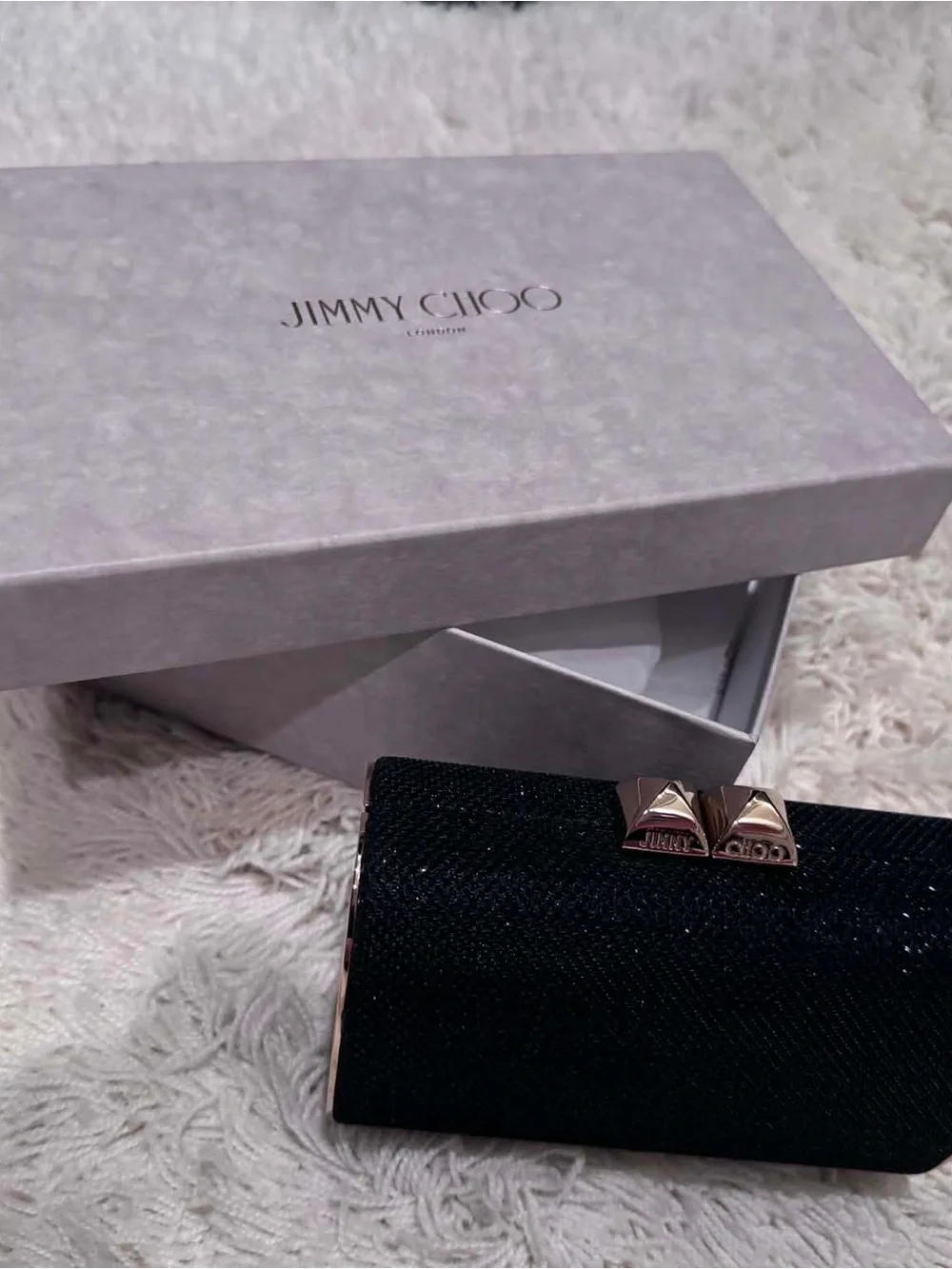 Jimmy Choo Black Glitter Clutch with Gold-Tone Hardware